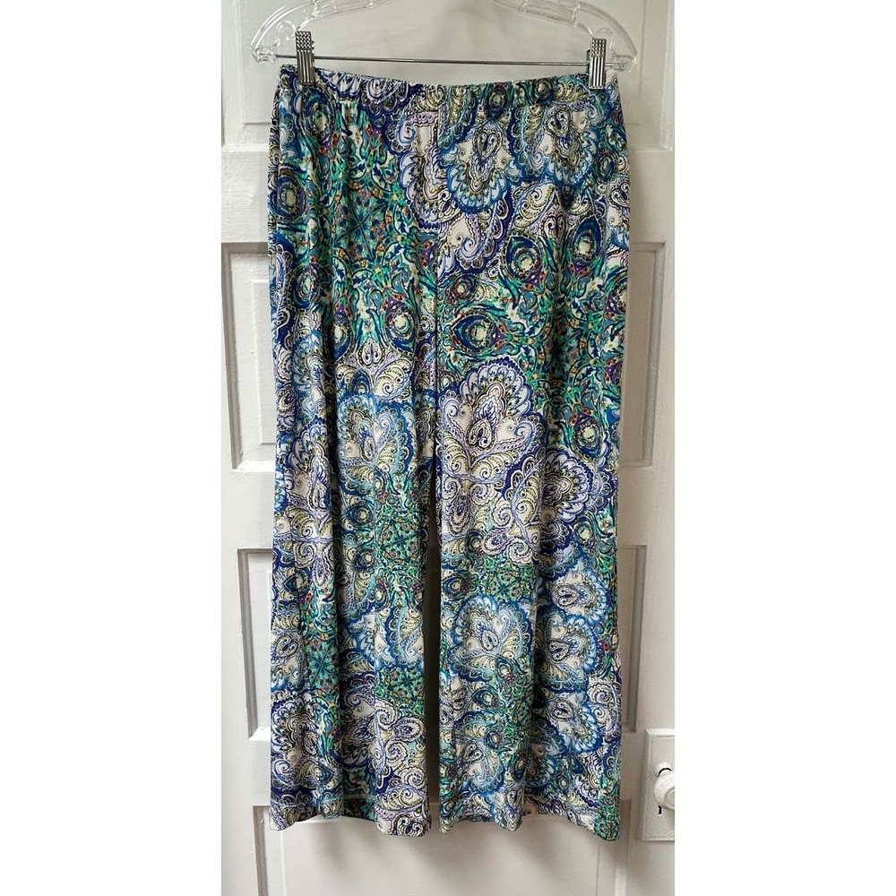 Chico's Paisley Wide Leg Ankle/Capri Pants Blue Green Size 2 (L/12)